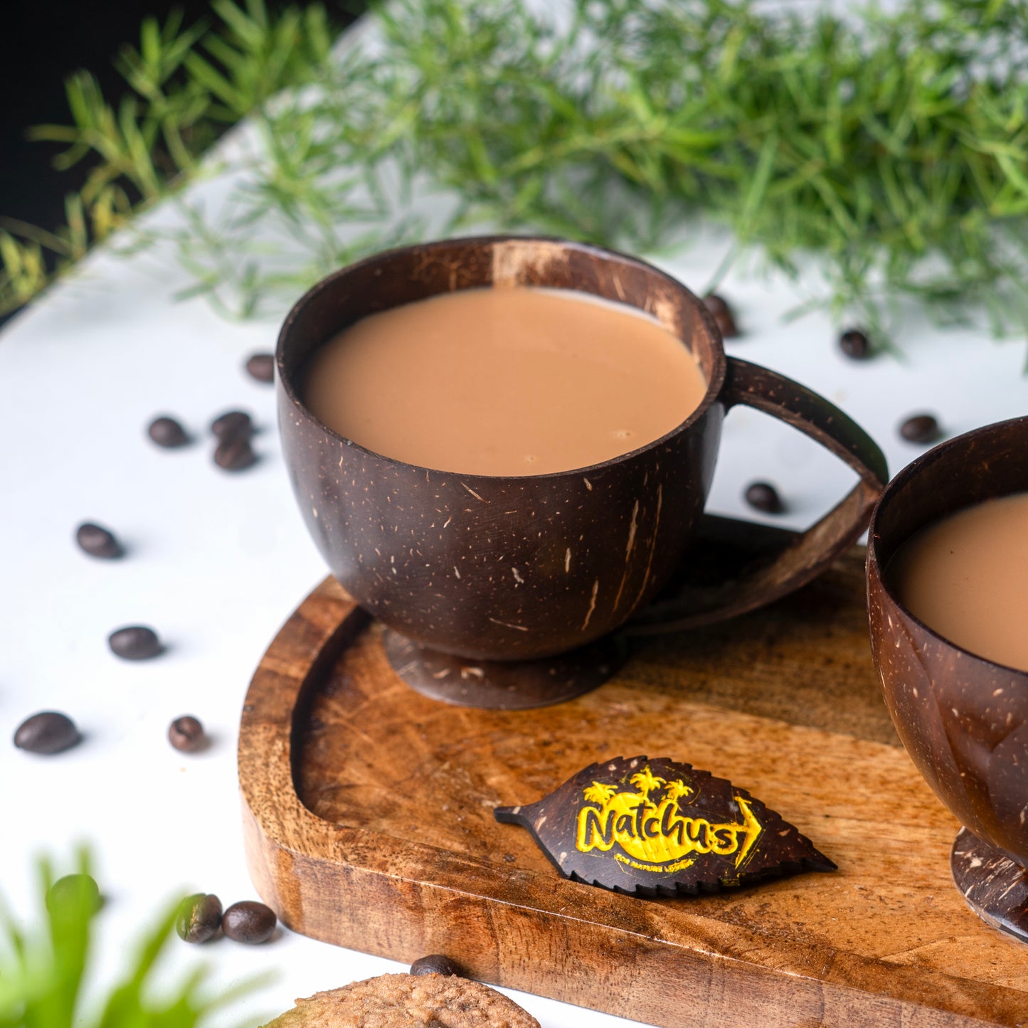 Natchu's Wooden Rectangular Plate(Size: 8 *5 inches) (Set of 1) with Coconut Shell based Tea Cup with Coconut Shell Handle (250ml) (Set of 2 each)