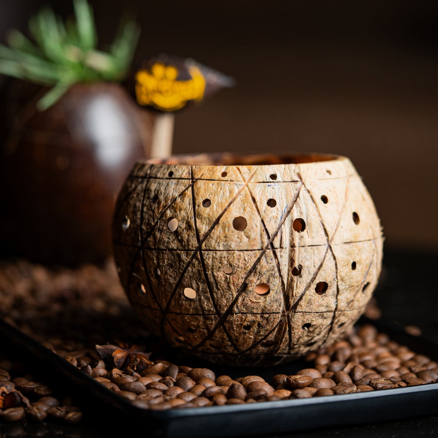 Natchu's Coconut Shell based Candle Holder Geometrical Mattee Design (Set of 2)