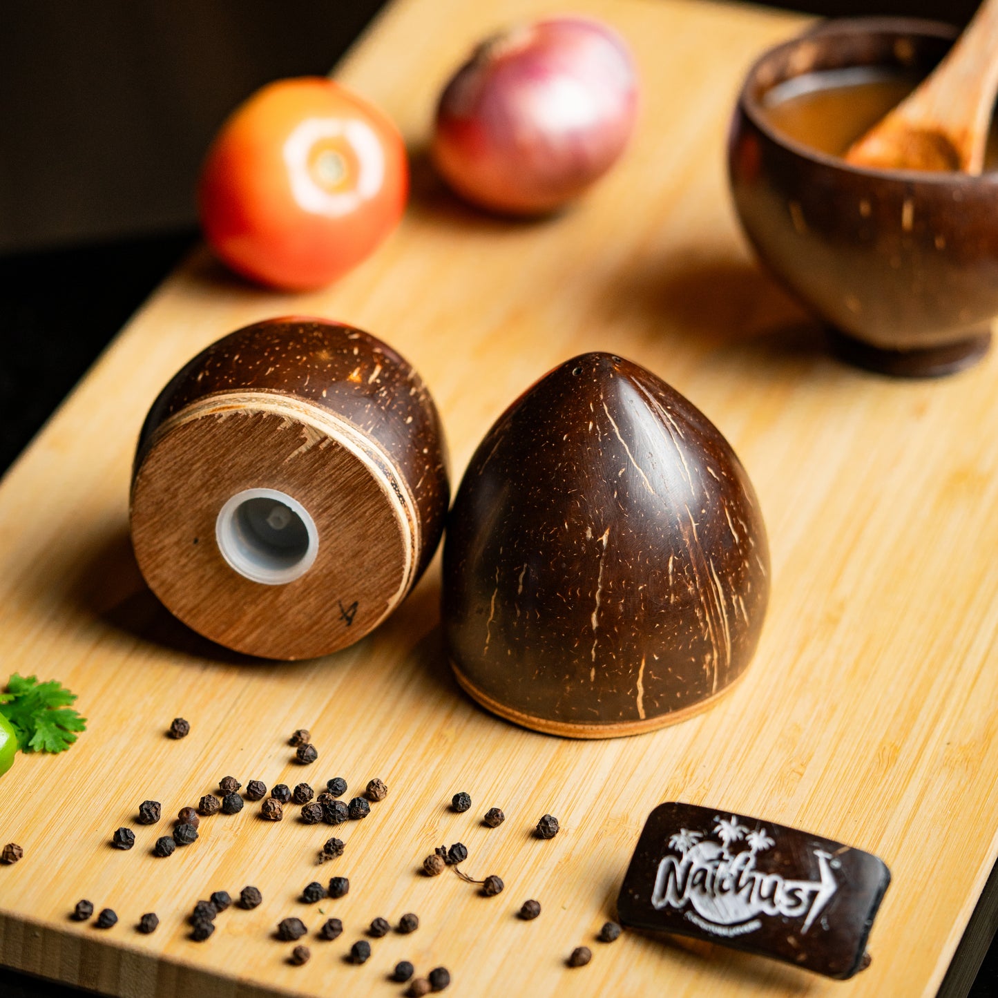 Natchu's Coconut Shell and wood based Salt/Pepper Shaker in Conical Shape with Engraving (Set of 2)
