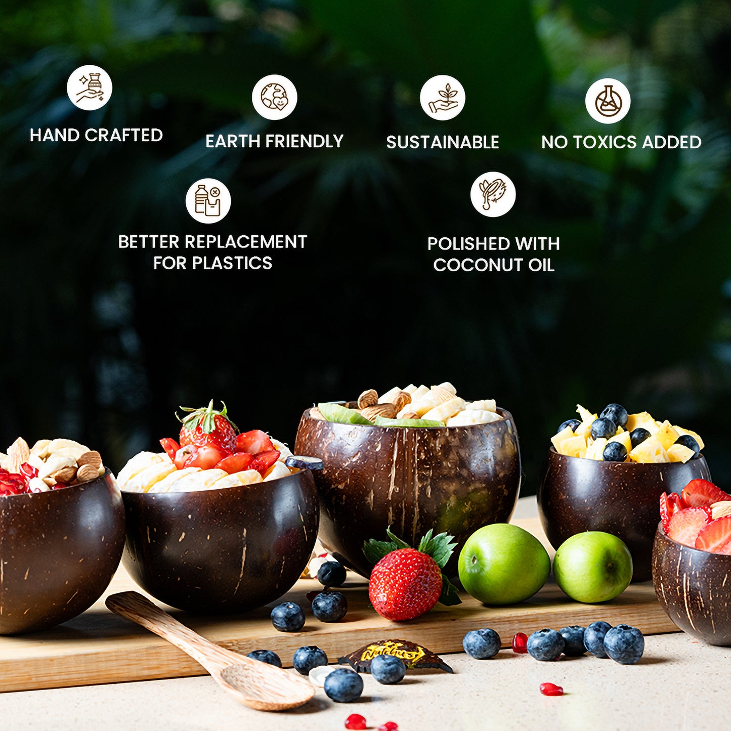 Natchu's Coconut shell and wood based Glosyy Bowl (350ml) , Spoon & fork Combo (set of 2 each)