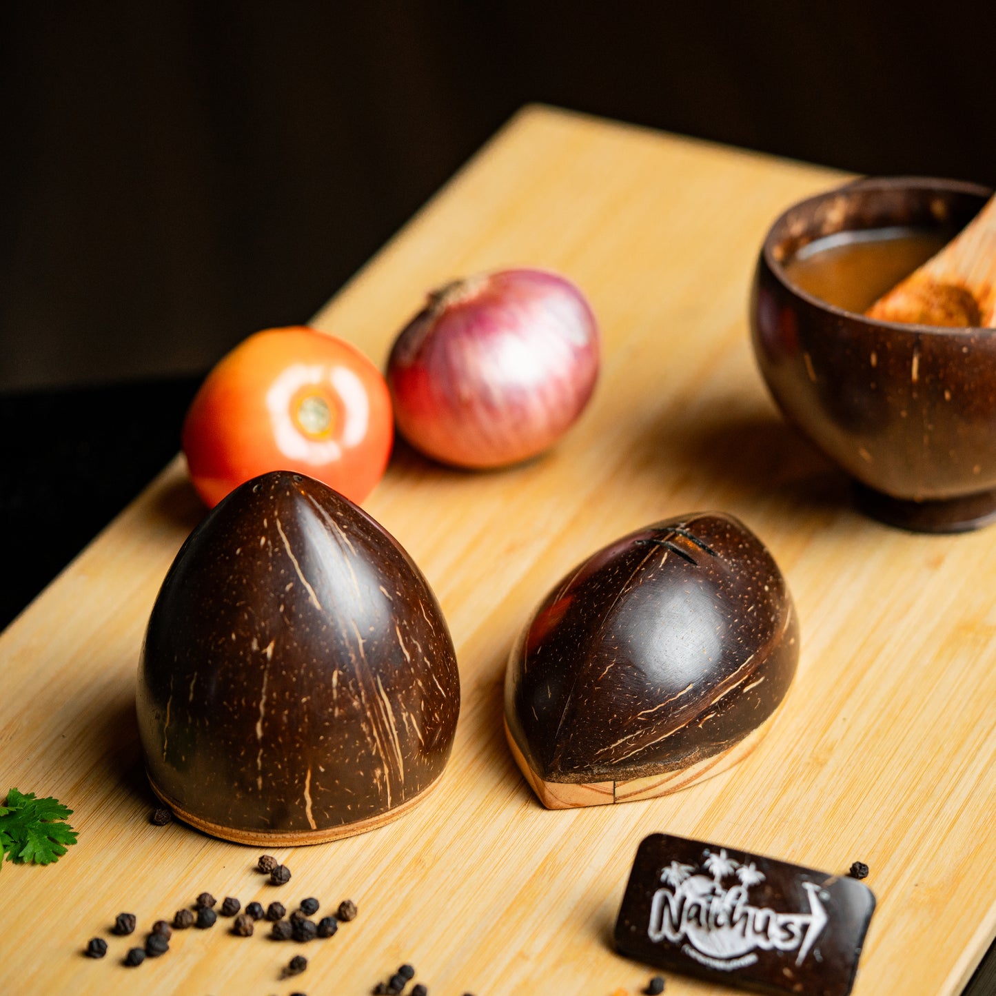 Natchu's Coconut Shell and wood based Salt/Pepper Shaker in Oval Shape with Engraving (Set of 2)