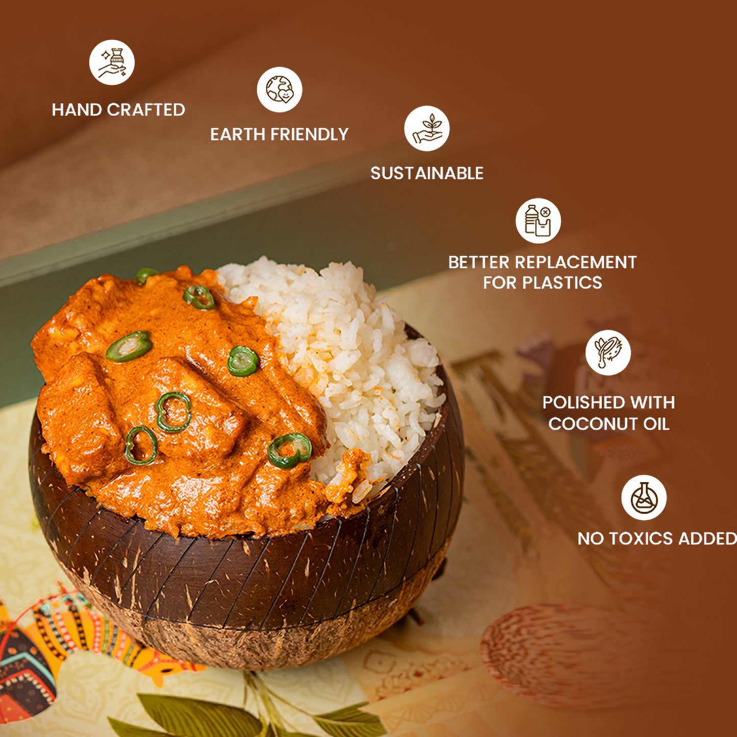 Natchu's Coconut Shell and wood based Designer Rice Bowl (900ml) Vertical Design Type-2 with spoon & fork Combo (Set of 1 each)