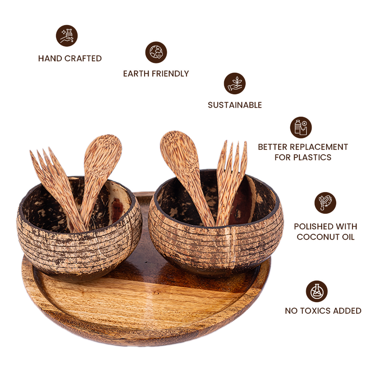 Natchu's Wooden Circular Plate(10")(Set of 1) with Designer Rice Bowl (900ml) Horizontal Design Type-2 with Spoon & Fork Combo (Set of 2 each)