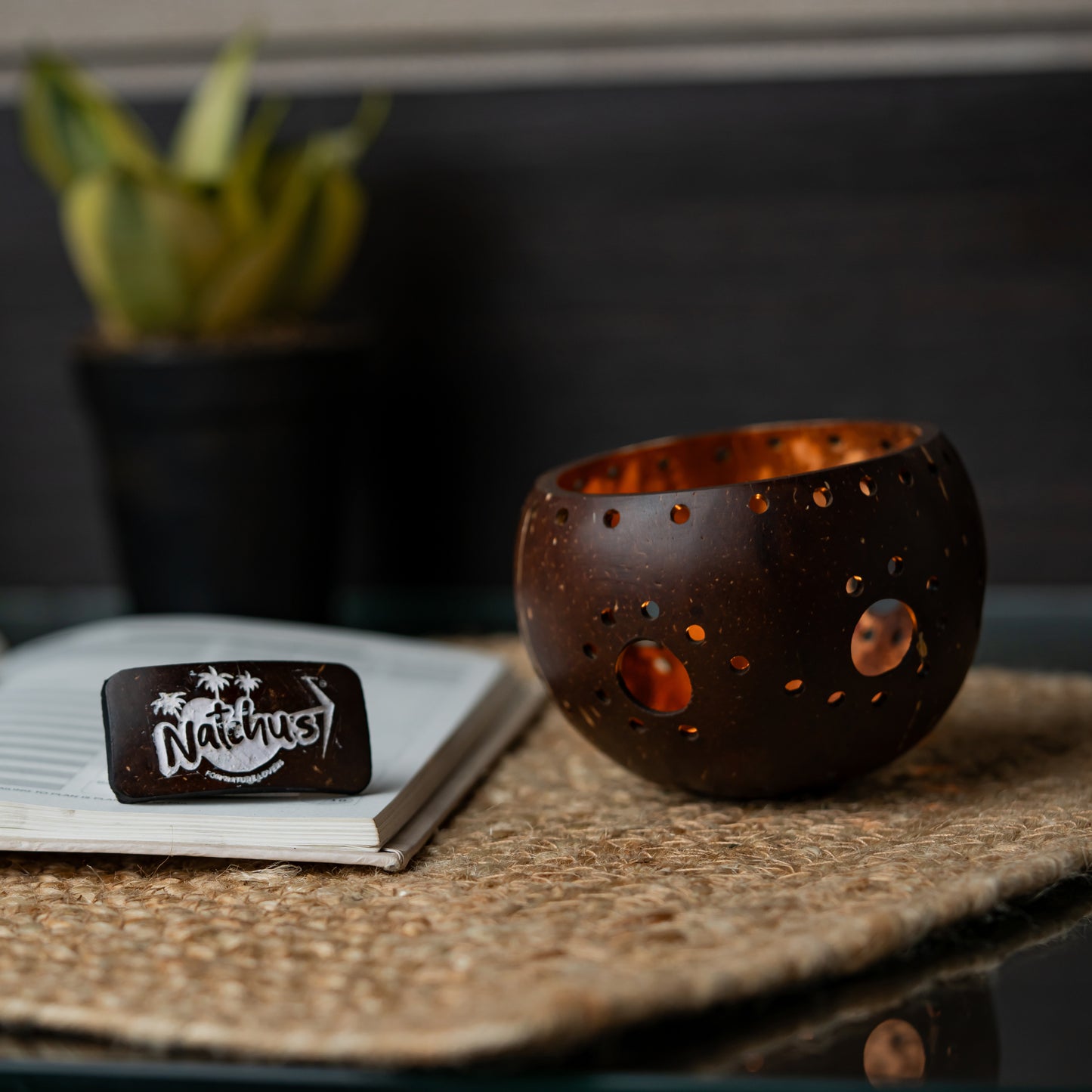 Natchu's Coconut Shell based Holder Glossy Floral Design with Larger holes (Set of 2)