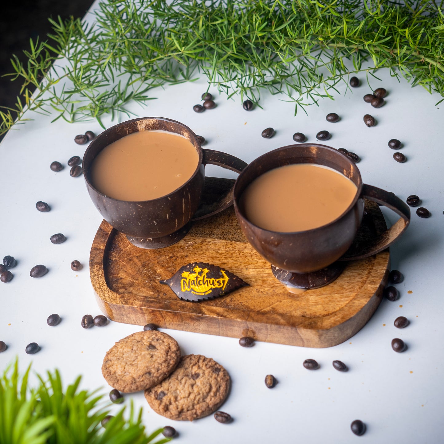 Natchu's Wooden Rectangular Plate(Size: 8 *5 inches) (Set of 1) with Coconut Shell based Tea Cup with Coconut Shell Handle (250ml) (Set of 2 each)