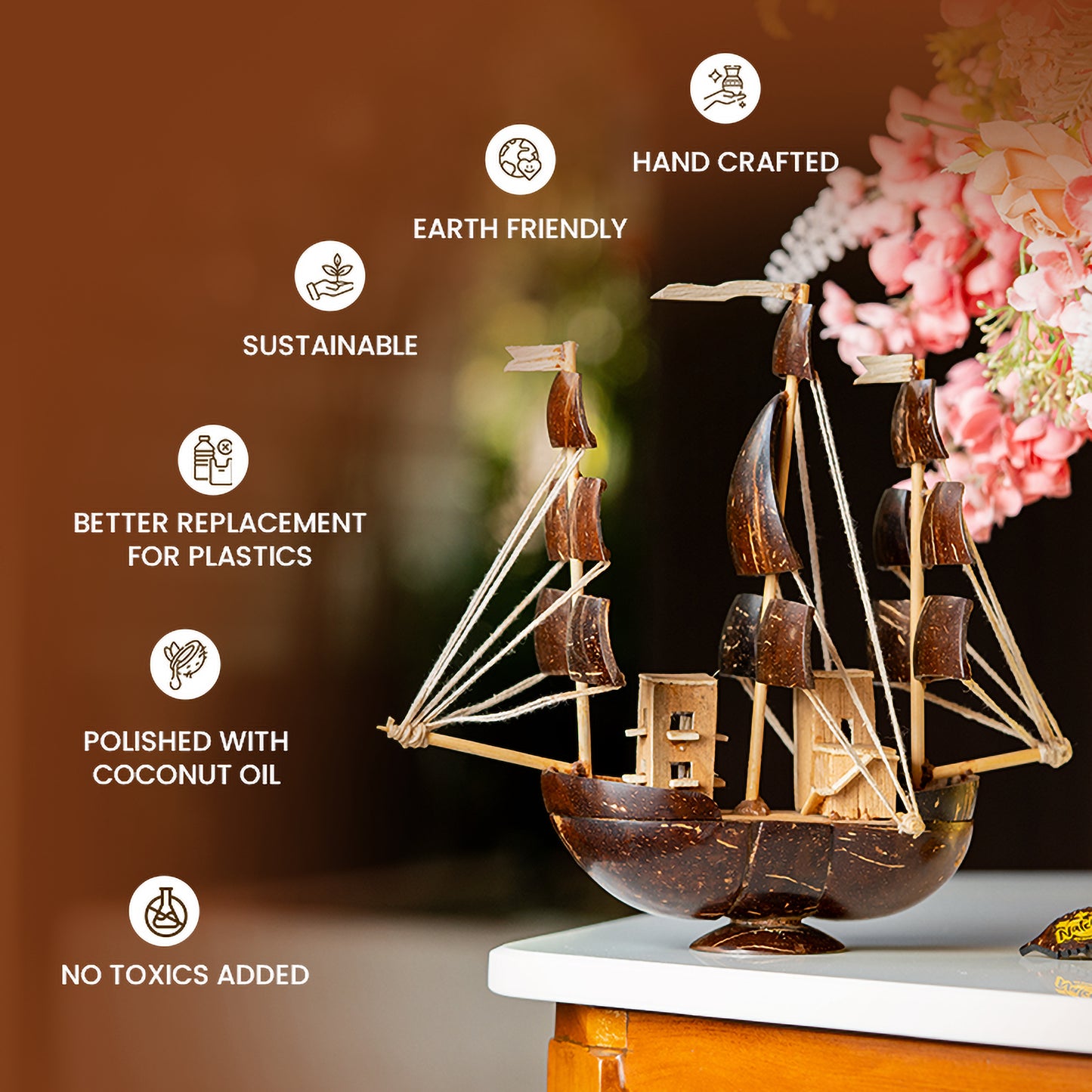 Natchu's Coconut Shell and wood based Sail Boat (Set of 1)