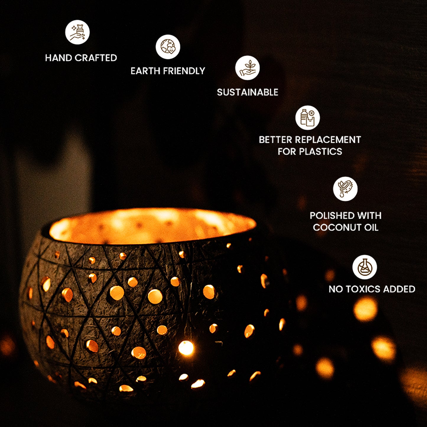 Natchu's Coconut Shell based Candle Holder Geometrical Mattee Design (Set of 2)