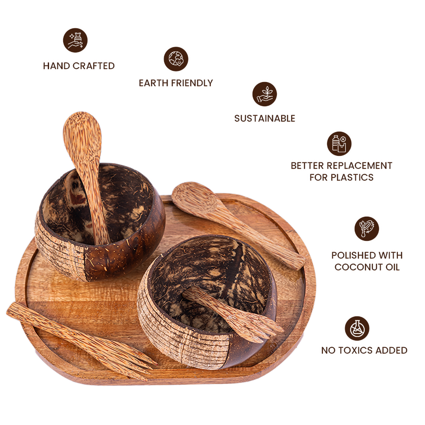 Natchu's Wooden Rectangular Plate(12" *9") (Set of 1) and Designer Rice Bowl (900ml) Vertical Design Type-1 with Spoon & Fork Combo (Set of 2 each)