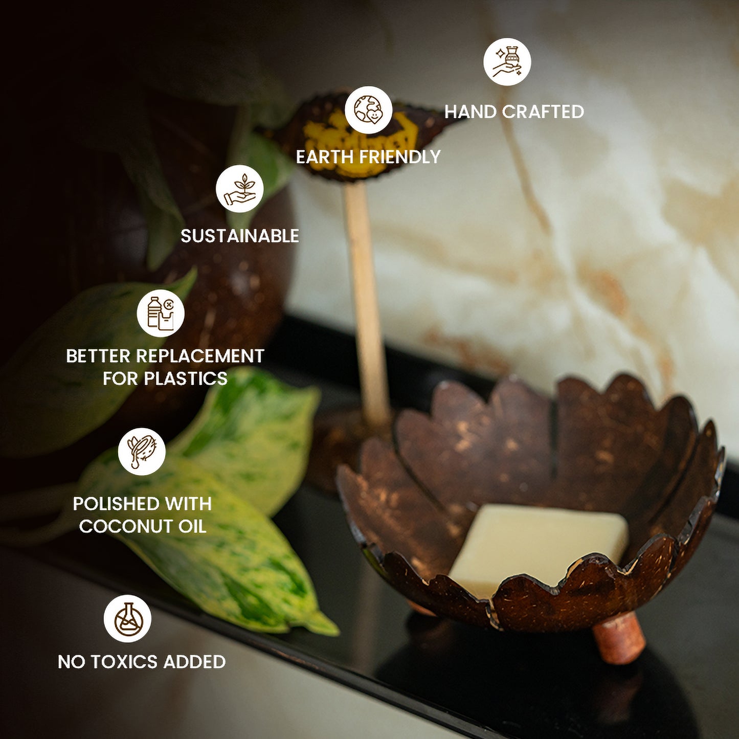 Natchu's Coconut Shell based Soap Tray Floweral Type (Set of 2)