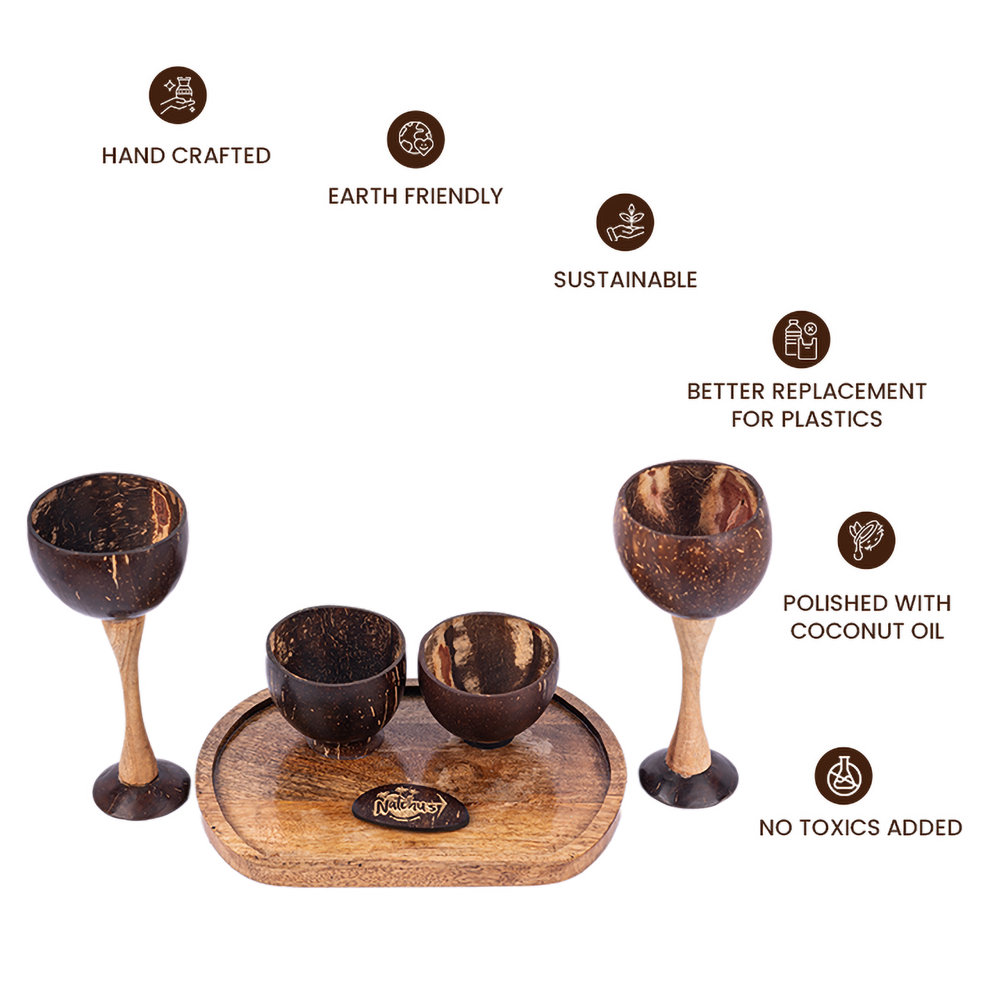 Natchu's Wooden Rectangular Plate(10" *7")(Set of 1) with Wine Cup (250ml) & Shot Glass (200ml) Combo (Set of 2 each)