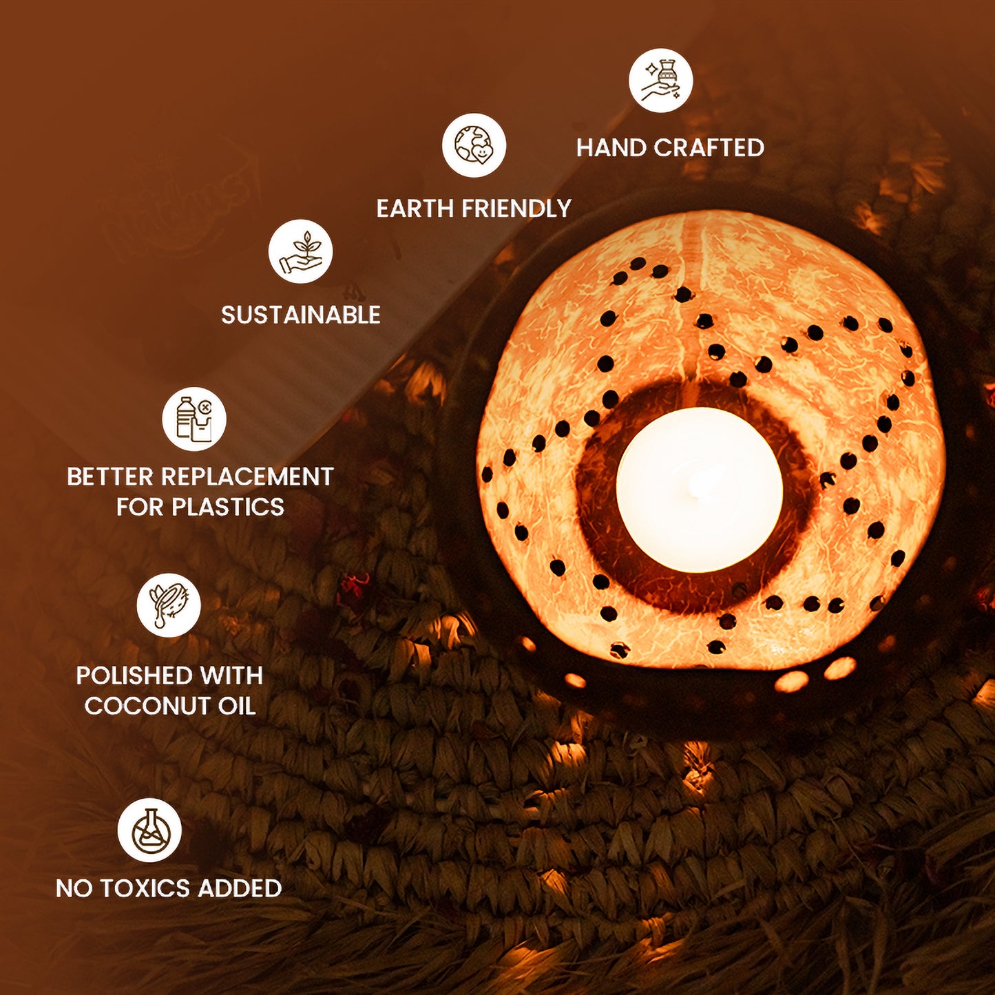 Natchu's Coconut Shell based Candle Holder Glossy Floral Design with small Holes (Set of 2)
