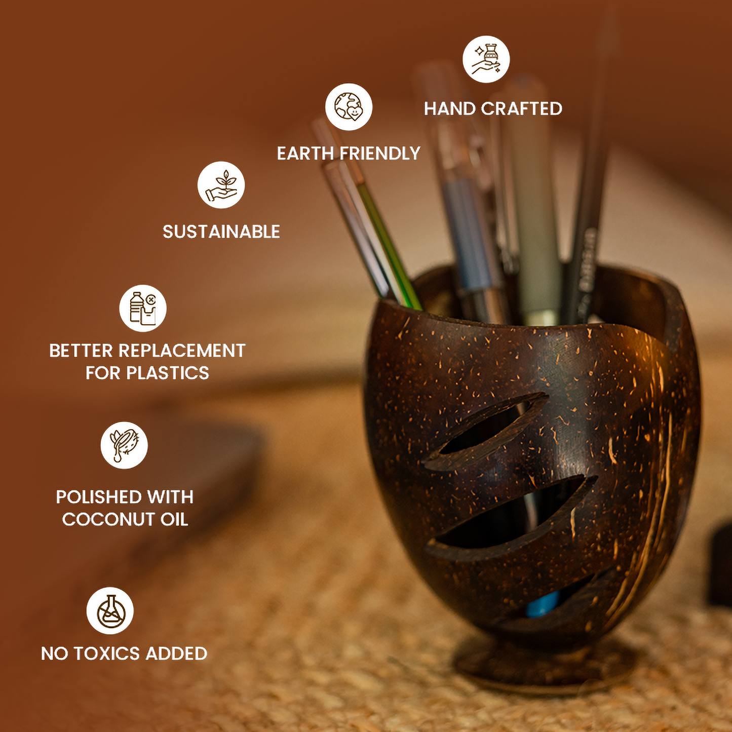 Natchu's Coconut Shell based Pen Stand (Set of 1)
