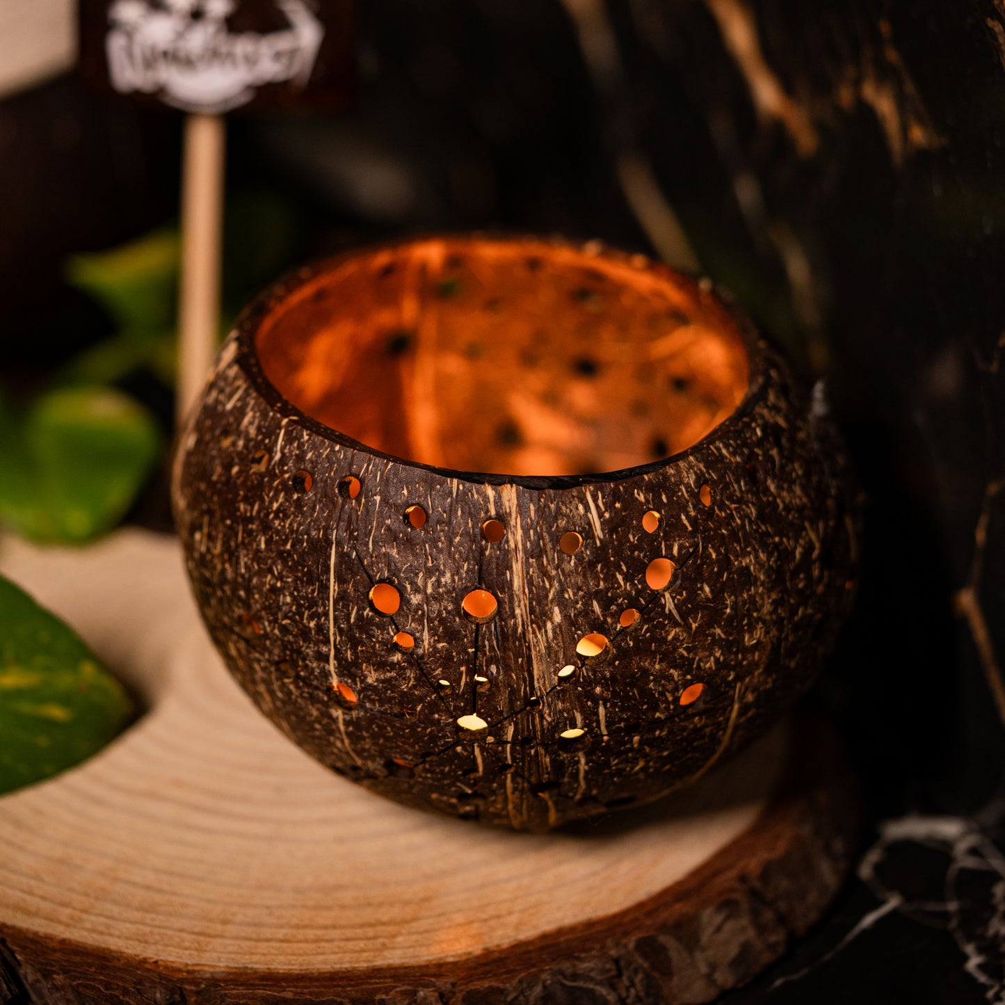 Natchu's Coconut Shell based Candle Holder Floral Mattee Design (Set of 2)