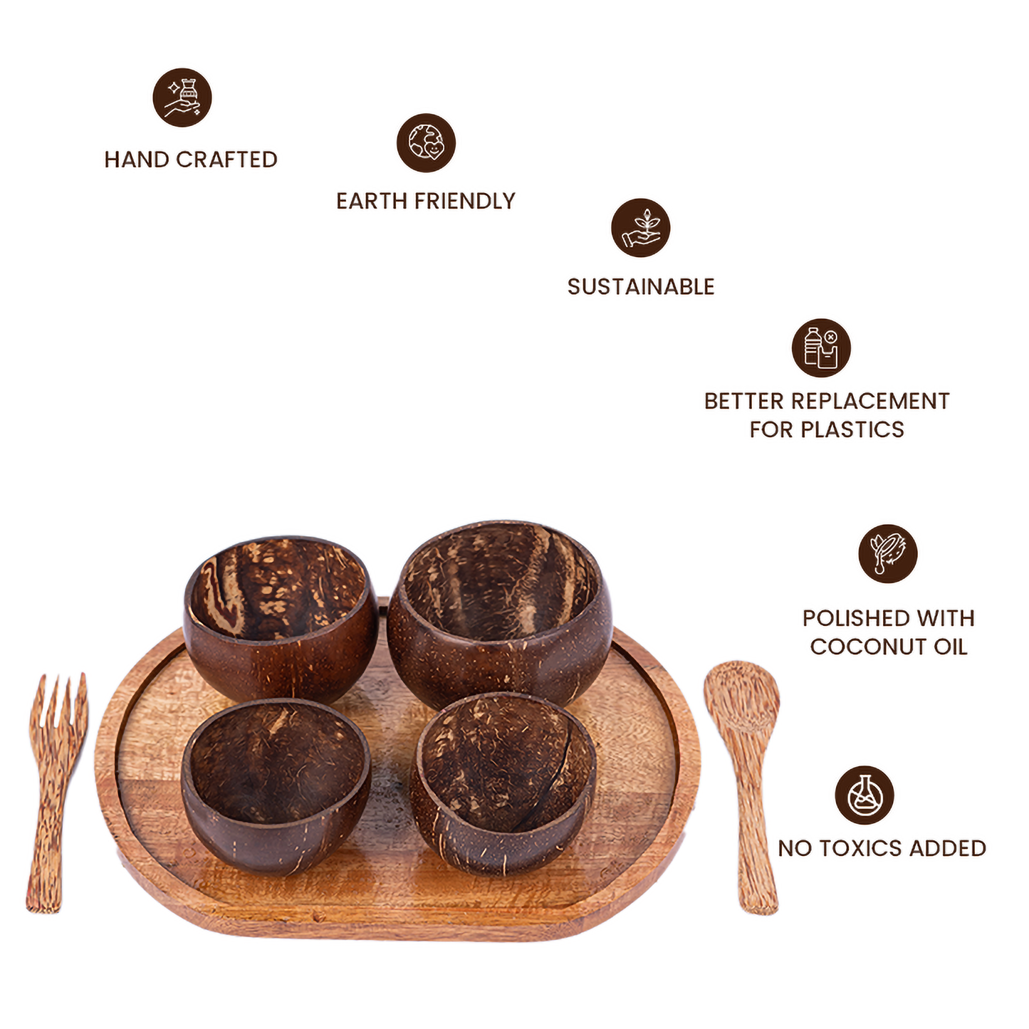 Natchu's Wooden Rectangular Plate(12" *9") and Set of Glossy Bowl(150ml,250ml,350ml & 450ml), Spoon & Fork Combo (Set of 1 each)