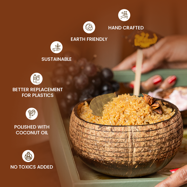 Natchu's Coconut Shell and wood based Designer Rice Bowl (900ml) Horizontal Design Type-1 with spoon & fork Combo (Set of 1 each)