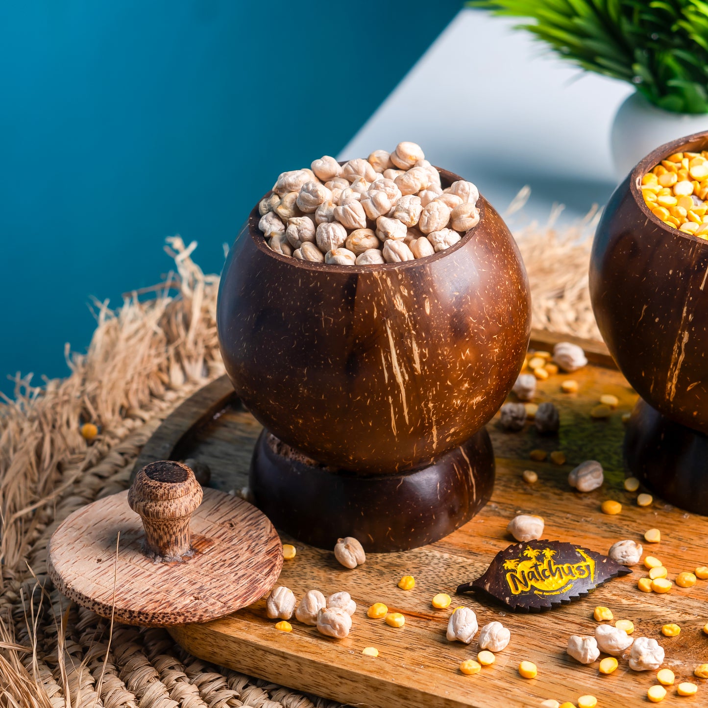 Natchu's Coconut Shell based container with Coconut wood lid (300ml) (Set of 1)
