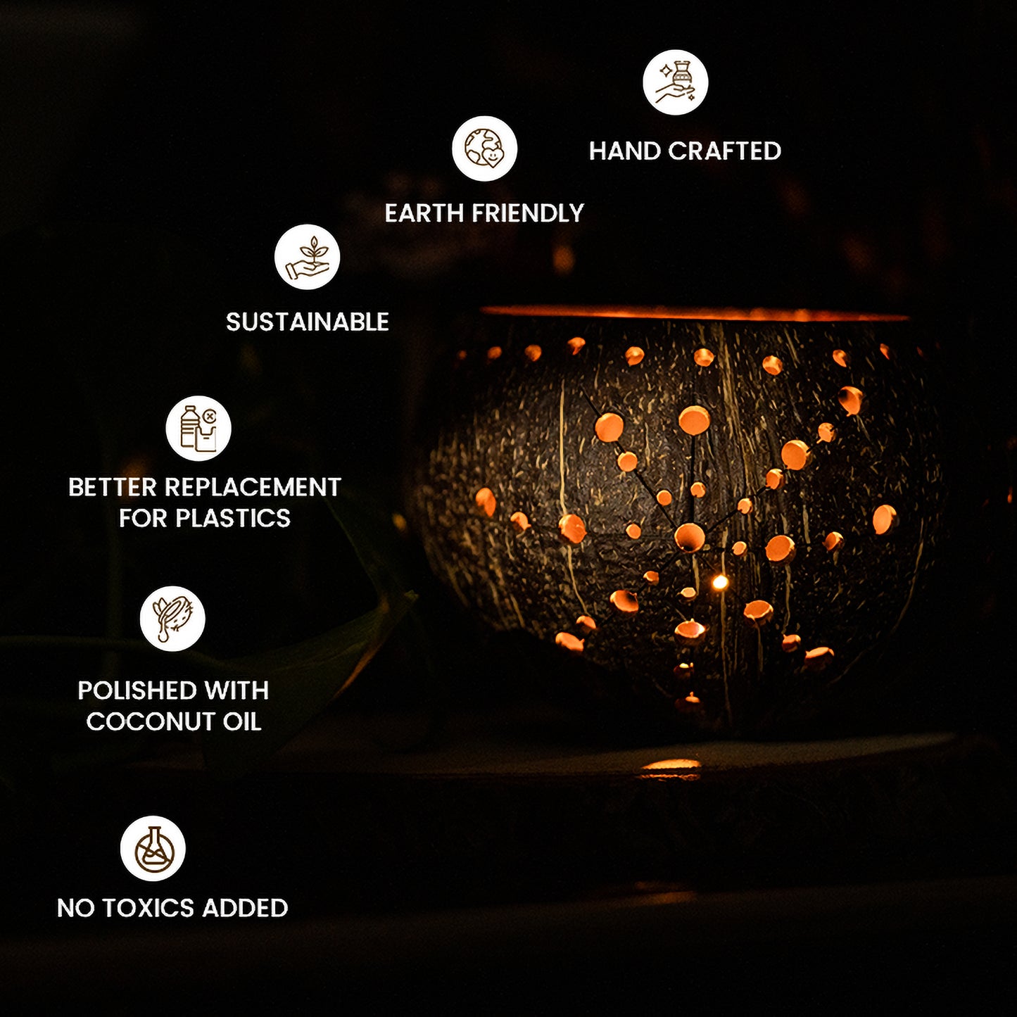 Natchu's Coconut Shell based Candle Holder Floral Mattee Design (Set of 2)
