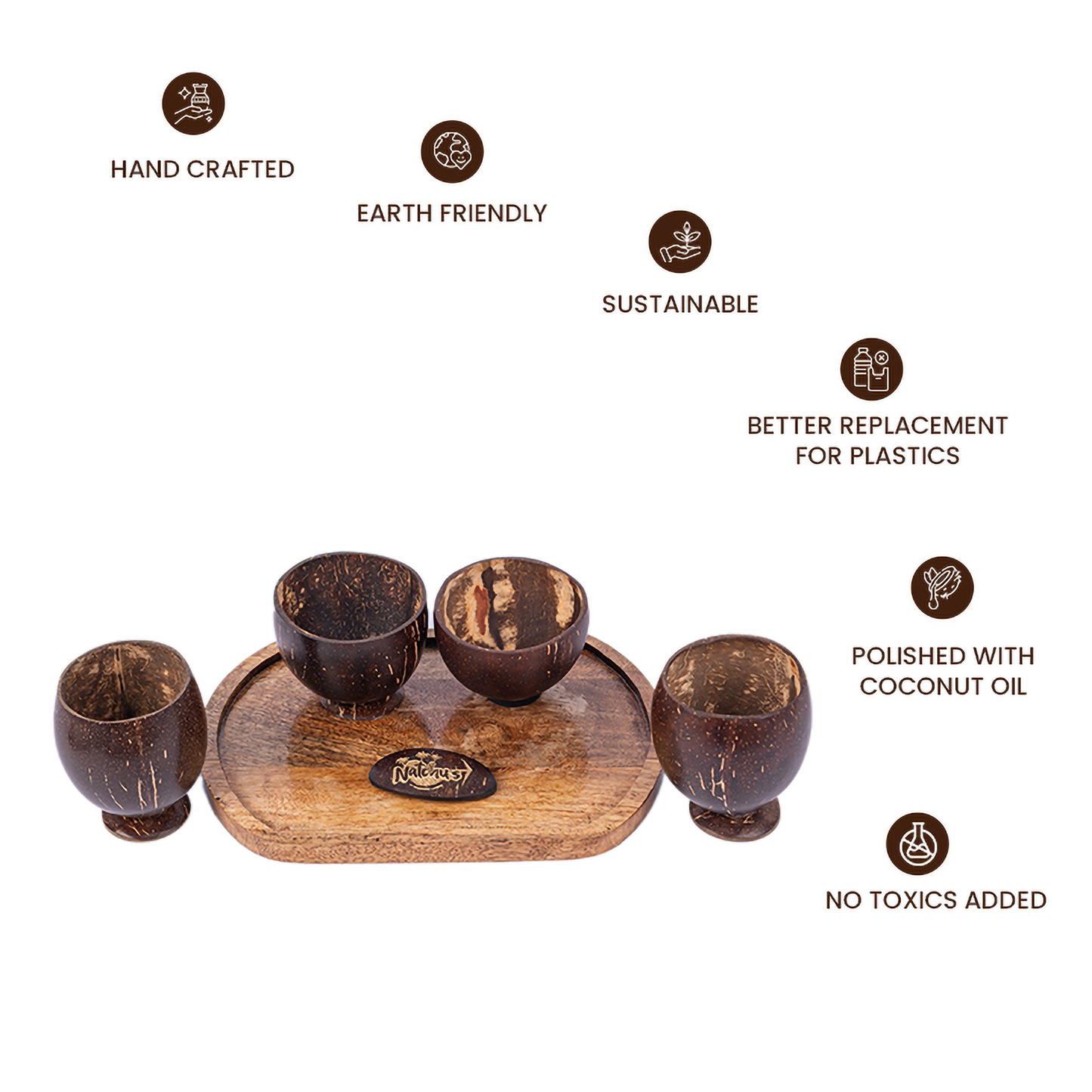 Natchu's Wooden Rectangular Plate(10" *7")(Set of 1) with Juice Cup (250ml) & Shot Glass (200ml)Combo (Set of 2 each)