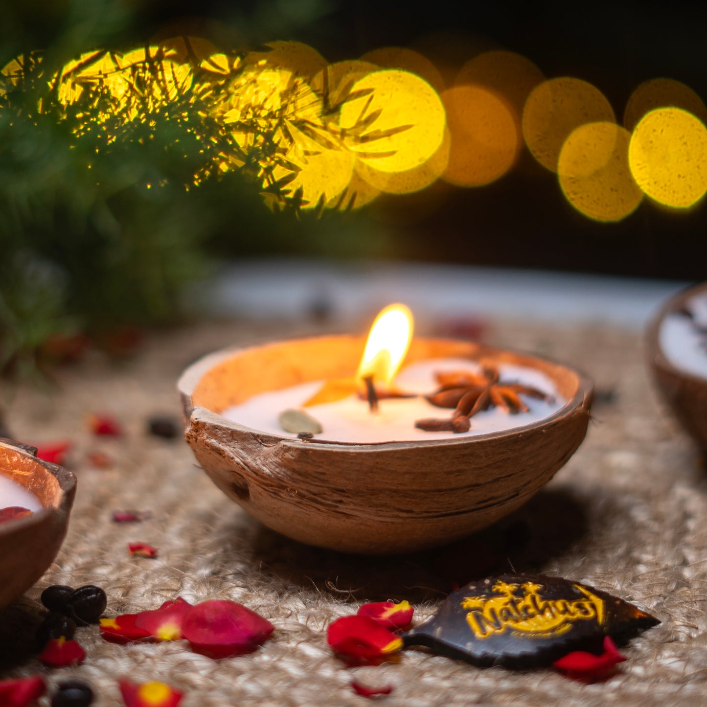 Natchu's Coconut Shell based Candles Mattee Oval (100ml) - Rose, Spices & Coffee Beans Toppings (Set of 1 each)