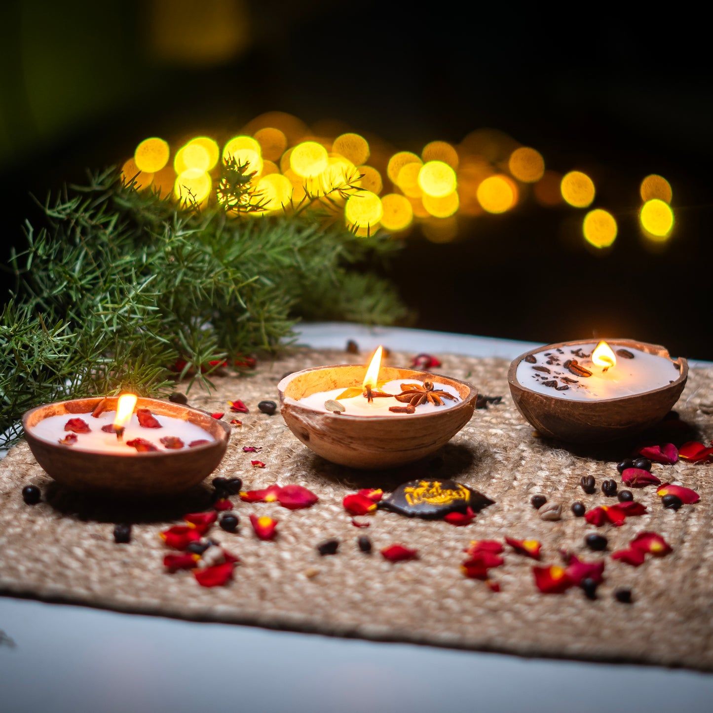 Natchu's Coconut Shell based Candles Mattee Oval (100ml) - Rose, Spices & Coffee Beans Toppings (Set of 1 each)