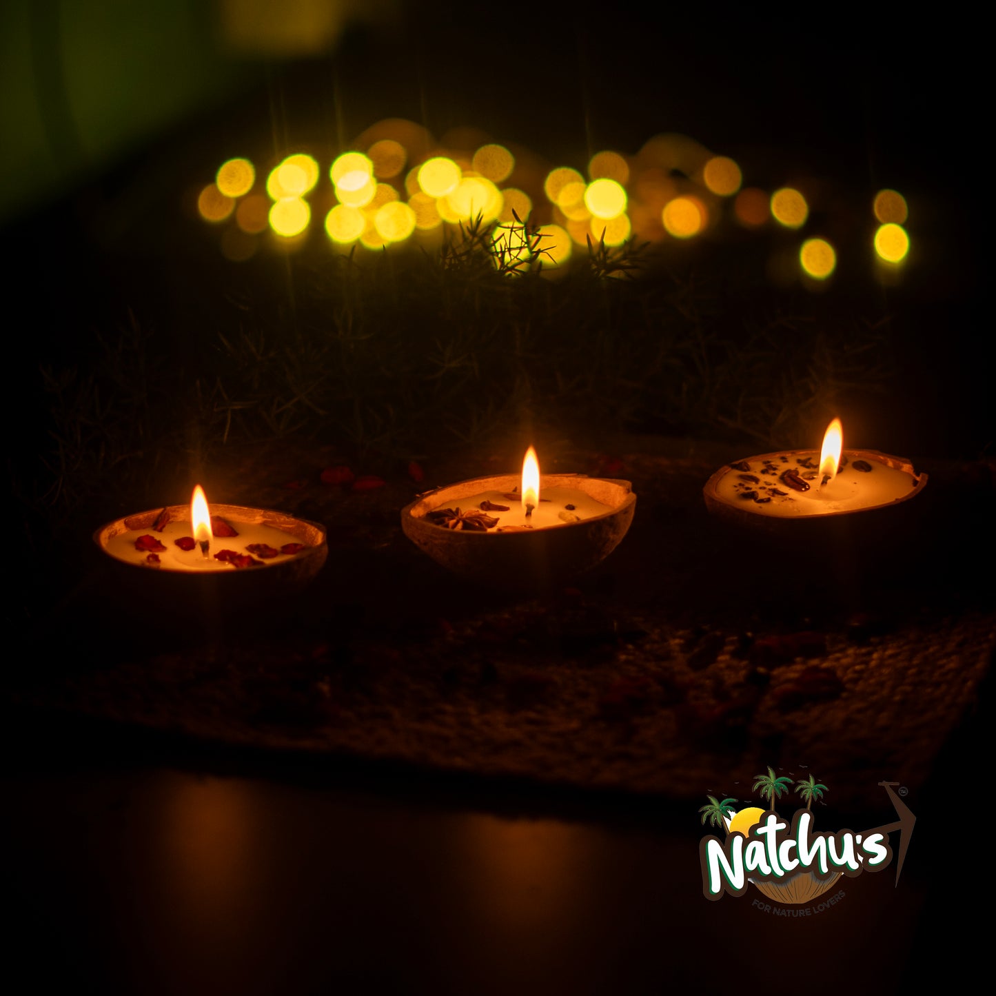 Natchu's Coconut Shell based Candles Mattee Oval (100ml) - Rose, Spices & Coffee Beans Toppings (Set of 1 each)