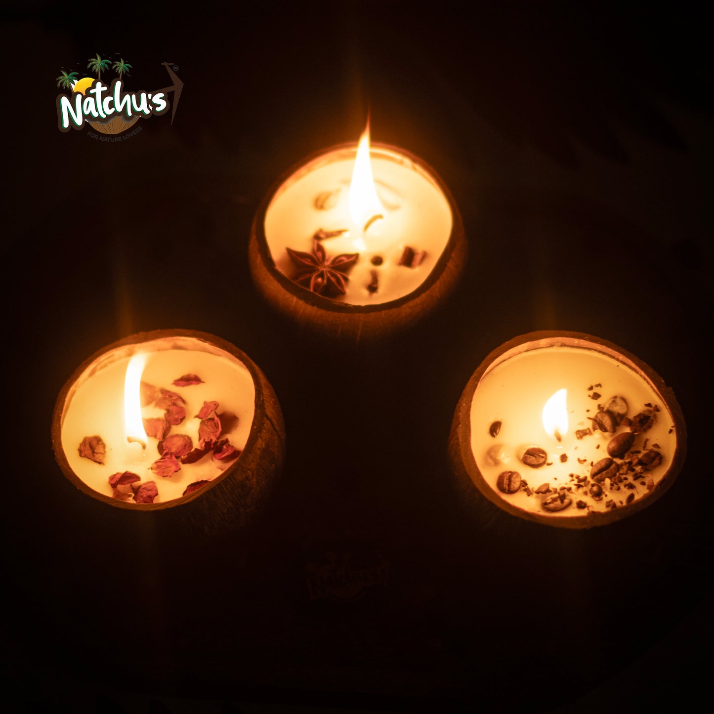 Natchu's Coconut Shell based Candles Mattee Round (150ml) - Rose, Spices & Coffee Beans Toppings (Set of each 1)