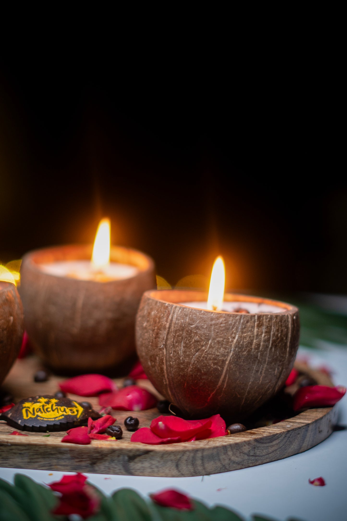Natchu's Coconut Shell based Candles Mattee Round (150ml) - Rose, Spices & Coffee Beans Toppings (Set of each 1)