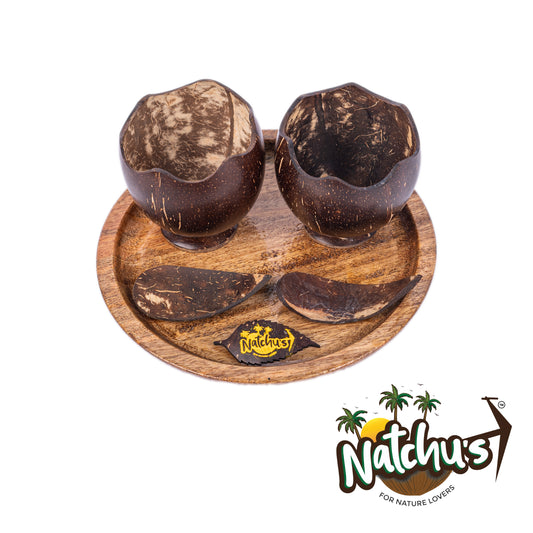 Natchu's Wooden Circular Plate(8")(Set of 1) with Designer Bowl (250ml) Lotus Shape with Scoop Combo (Set of 2 each)