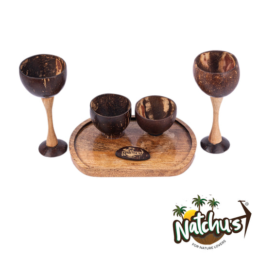 Natchu's Wooden Rectangular Plate(10" *7")(Set of 1) with Wine Cup (250ml) & Shot Glass (200ml) Combo (Set of 2 each)