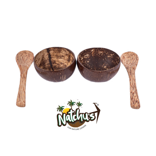 Natchu's Coconut Shell and wood based Glossy Bowl (150ml) & Spoon Combo (set of 2 each)