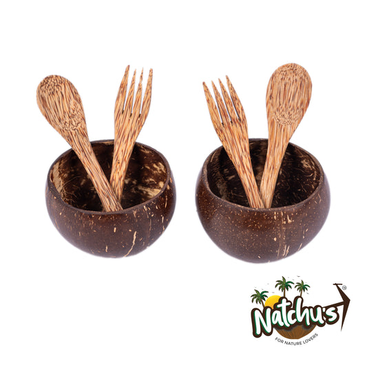 Natchu's Coconut Shell and wood based Glosyy Bowl(450ml) , Spoon & fork Combo (Set of 2 each)