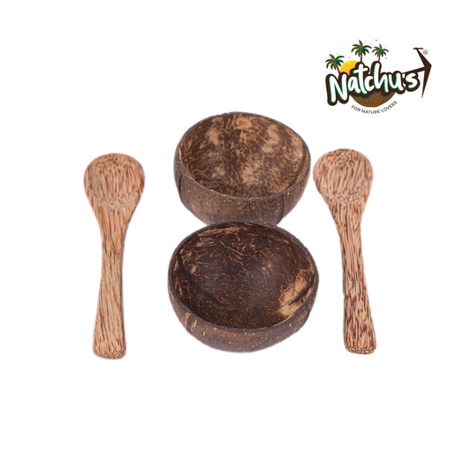 Natchu's Coconut Shell and wood based Mattee Bowl (150ml) , Spoon Combo (Set of 2 each)