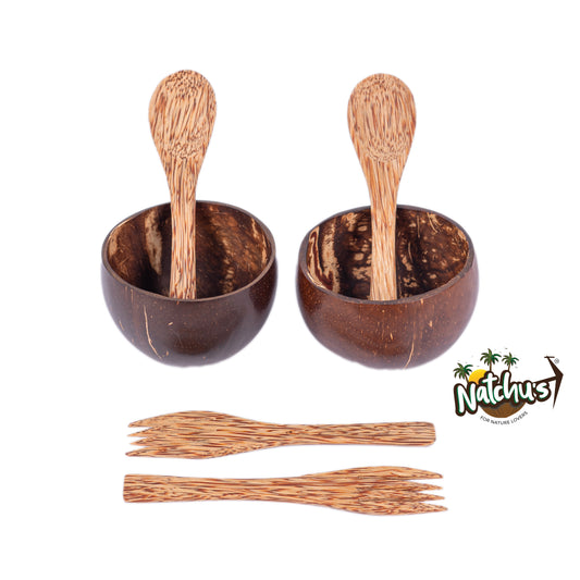 Natchu's Coconut shell and wood based Glosyy Bowl (350ml) , Spoon & fork Combo (set of 2 each)
