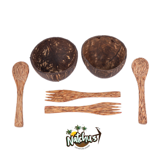 Natchu's Coconut Shell and wood based Mattee Bowl (250ml), Spoon and Fork Combo (Set of 2 each)