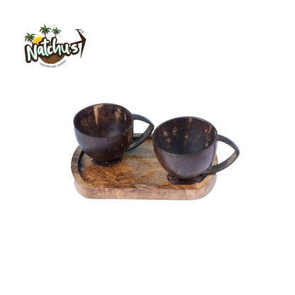 Natchu's Wooden Rectangular Plate(Size: 8 *5 inches) (Set of 1) with Coconut Shell based Tea Cup with Coconut Shell Handle (250ml) (Set of 2 each)