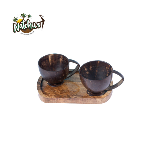 Natchu's Wooden Rectangular Plate(Size: 8 *5 inches) (Set of 1) with Coconut Shell based Tea Cup with Coconut Shell Handle (250ml) (Set of 2 each)