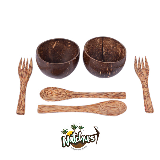 Natchu's Coconut Shell and wood based Glossy Bowl (250ml) , Spoon & fork Combo (set of 2 each)