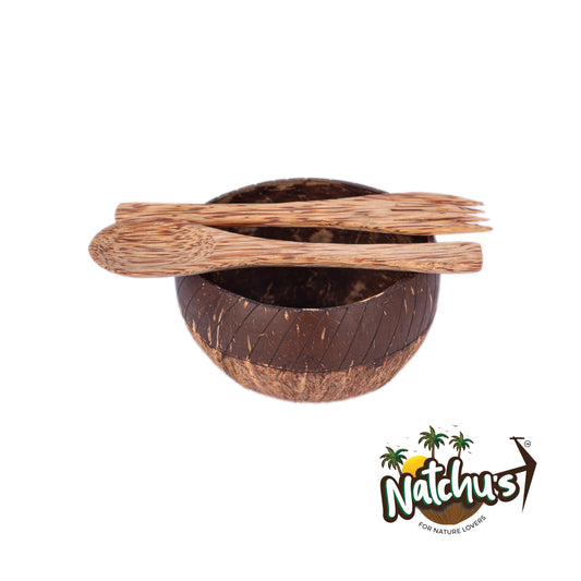 Natchu's Coconut Shell and wood based Designer Rice Bowl (900ml) Vertical Design Type-2 with spoon & fork Combo (Set of 1 each)