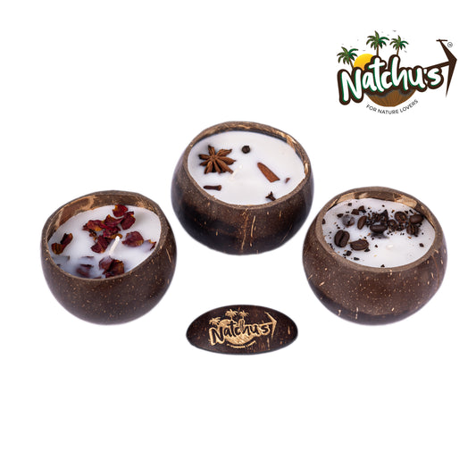 Natchu's Coconut Shell based Candles Glossy Round (150ml) -Rose,Spices & Coffee Beans Toppings (Set of each 1)