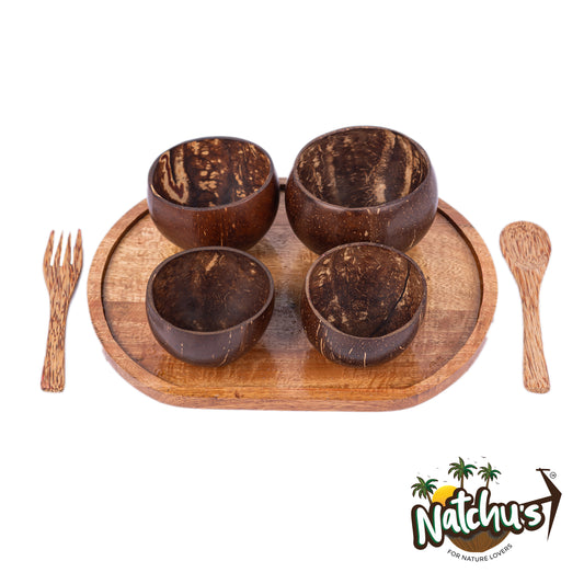 Natchu's Wooden Rectangular Plate(12" *9") and Set of Glossy Bowl(150ml,250ml,350ml & 450ml), Spoon & Fork Combo (Set of 1 each)