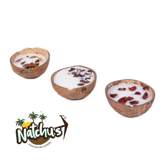 Natchu's Coconut Shell based Candles Mattee Oval (100ml) -  Rose, Spices & Coffee Beans Toppings (Set of 1 each)
