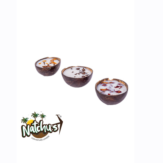 Natchu's Coconut Shell based Candles Glossy Oval (100ml) -Rose,Spices & Coffee Beans Toppings (Set of each 1)