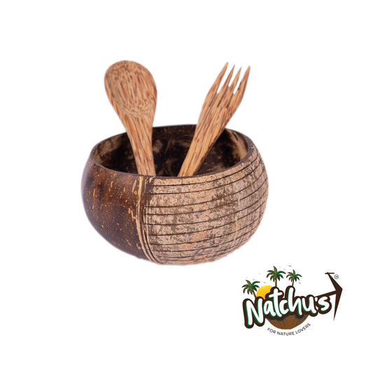 Natchu's Coconut Shell based Designer Rice Bowl (900ml) Vertical Design Type-1 with Coconut wood based  Spoon & Fork Combo  (Set of 1 each)