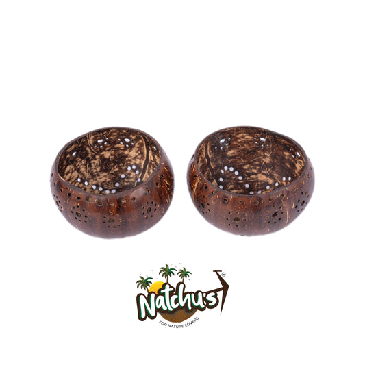 Natchu's Coconut Shell based Candle Holder Glossy Floral Design with small Holes (Set of 2)