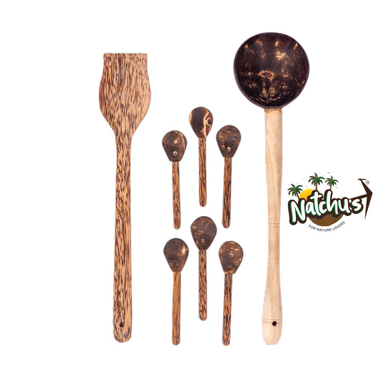 Natchu's Coconut Shell and wood based Laddle & Spatula (set of 1 each) Combo & Masala Spoon (Set of 6)