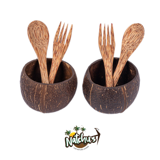 Natchu's Coconut Shell and wood based Mattee Bowl (350ml) , Spoon & Fork Combo (Set of 2 each)