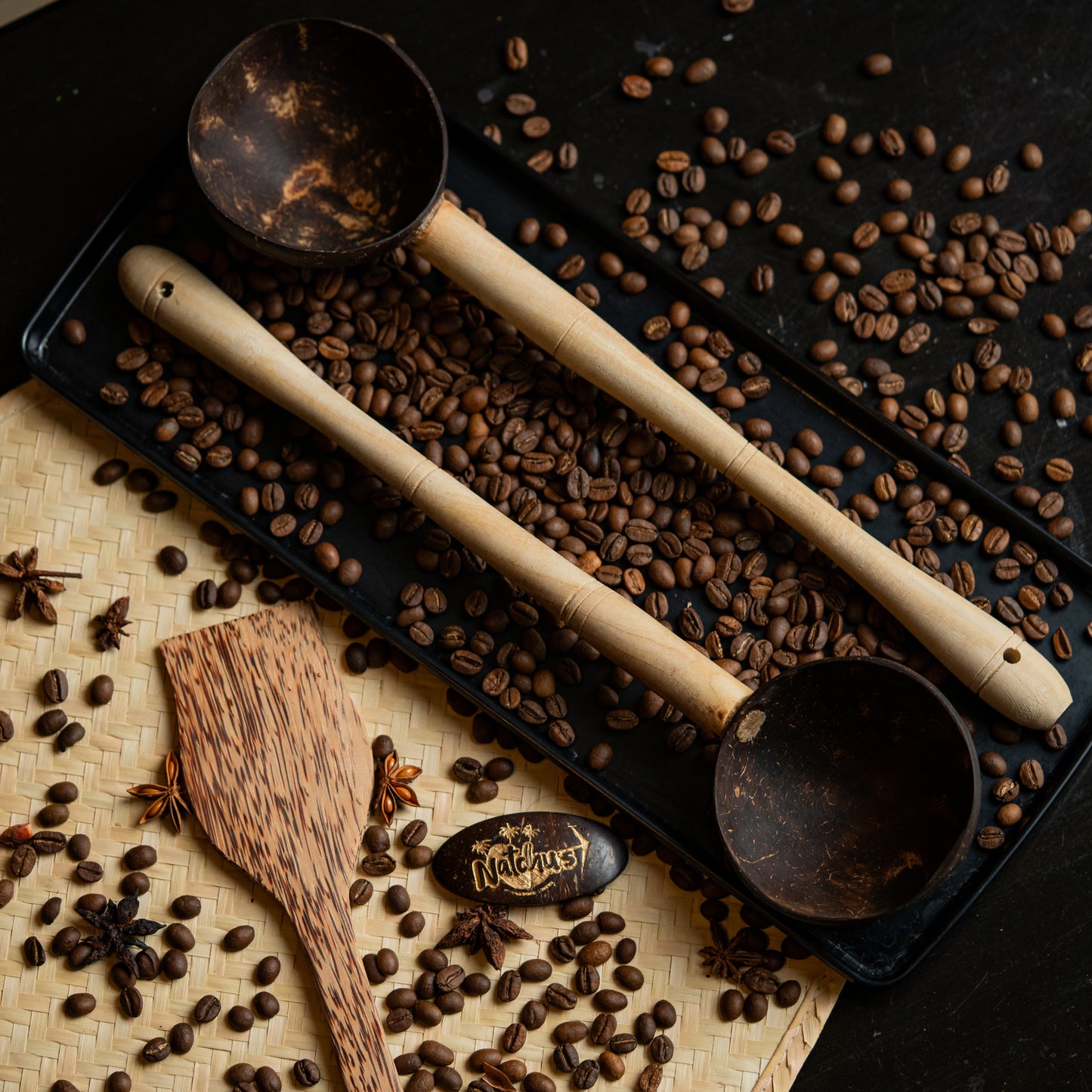 Natchu's Coconut Shell based wooden Handle Ladle (Set of 2)