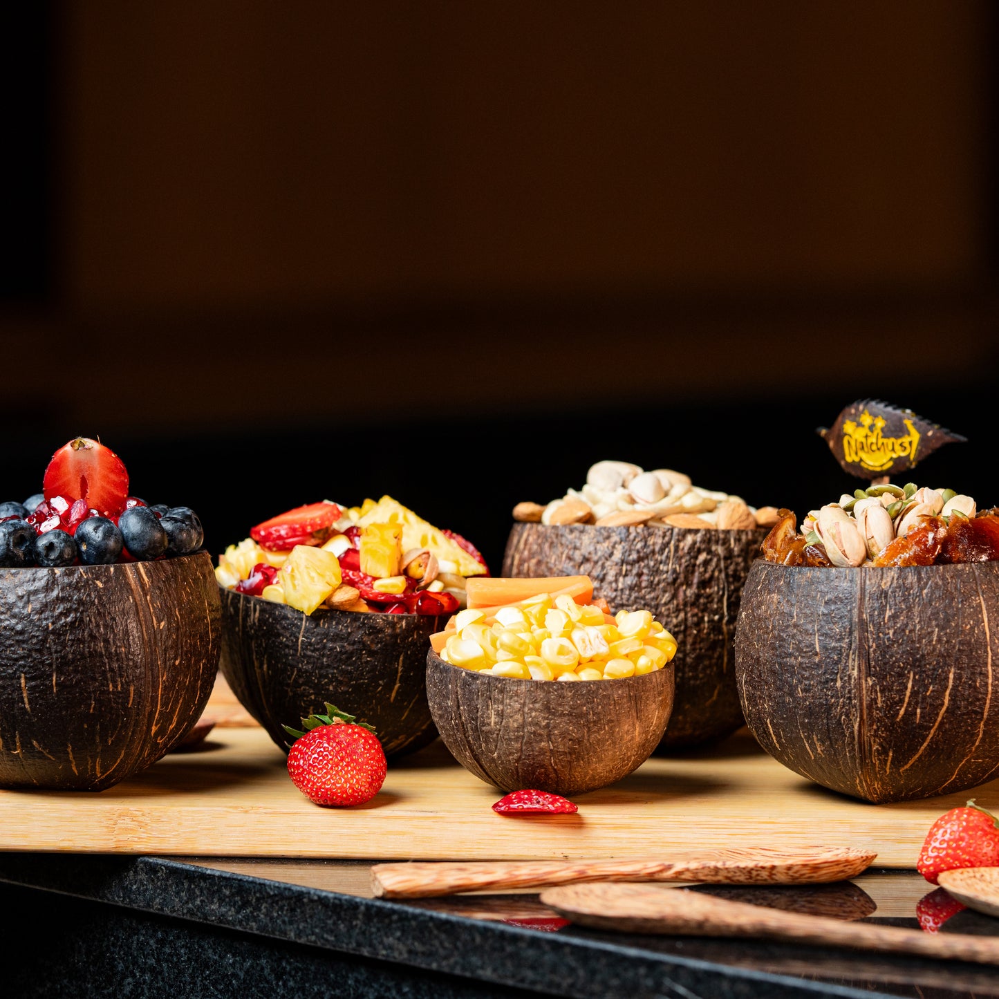 Natchu's Coconut Shell and wood based Mattee Bowl (450ml) , Spoon & Fork Combo (Set of 2 each)
