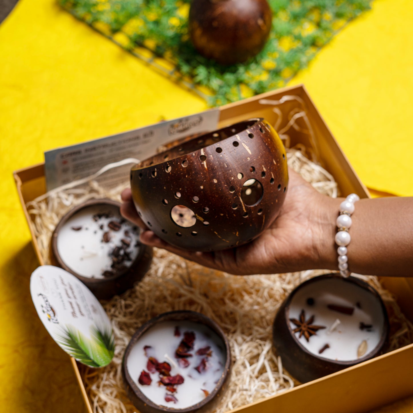 Gifting Natchu's Coconut Shell based Candle Holder Glossy Floral Design with Larger Holes(Set of 1) and Candles as Glossy Round (100ml) Bowls filled with Rose & Spices Toppings(Set of 1 each)