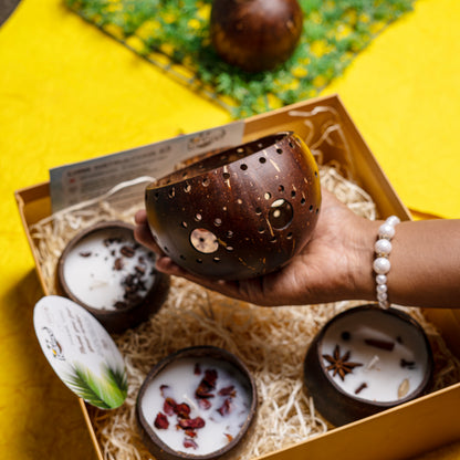Gifting Natchu's Coconut Shell based Candle Holder Glossy Floral Design with Larger Holes(Set of 1) and Candles as Glossy Round (100ml) Bowls filled with Rose & Spices Toppings(Set of 1 each)